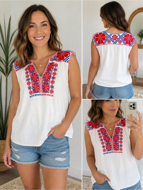 J.Marie Tops - J.MARIE Embroidered Floral White/Pink Top Shirt Women size S Boho